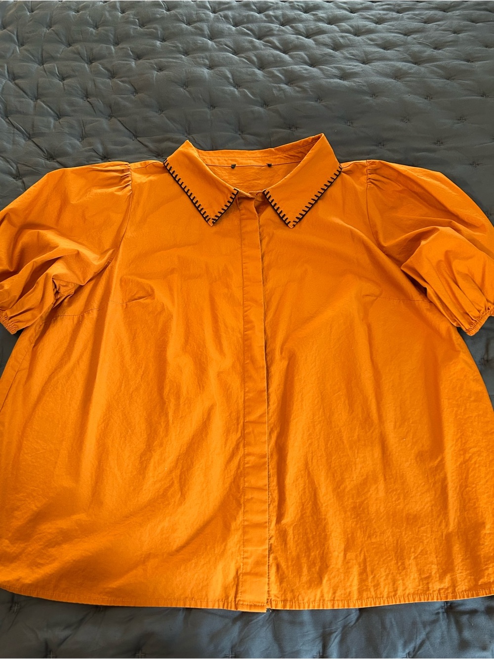 Muted Orange Puff Sleeve Button-Front Top with Contrast Trim Collar